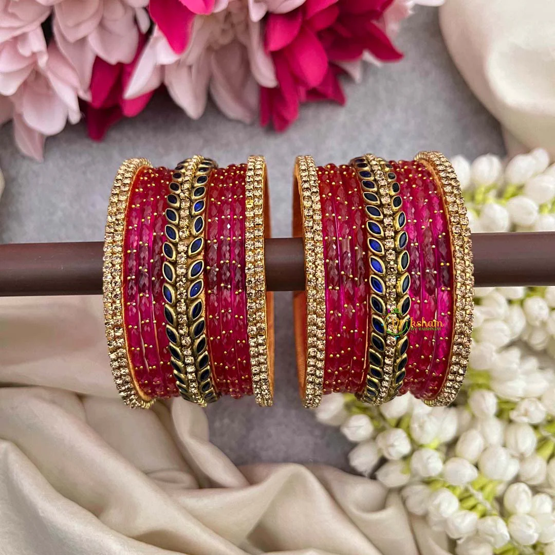 Pink & Leaf Royal Blue With Golden Border Glass Bangle Set